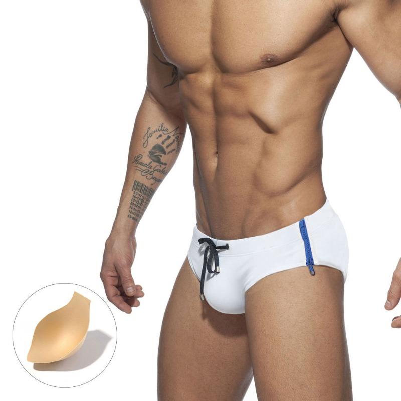 New Side Double Zipper Sexy Triangle Swimming Trunks Men with Cup Size One Piece Tight Triangle Men