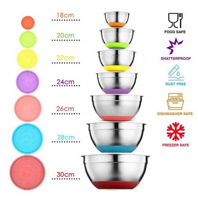 7 colori ciotola per mescolare in acciaio inox con coperchio cucina di casa uovo mixer insalata ciotole antiscivolo fondo in silicone ciotola per la conservazione degli alimenti set