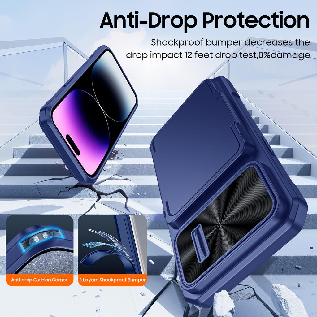 RFID Wallet Case with Card Holder and Sliding Camera Cover for iPhone 14 Pro-Blue