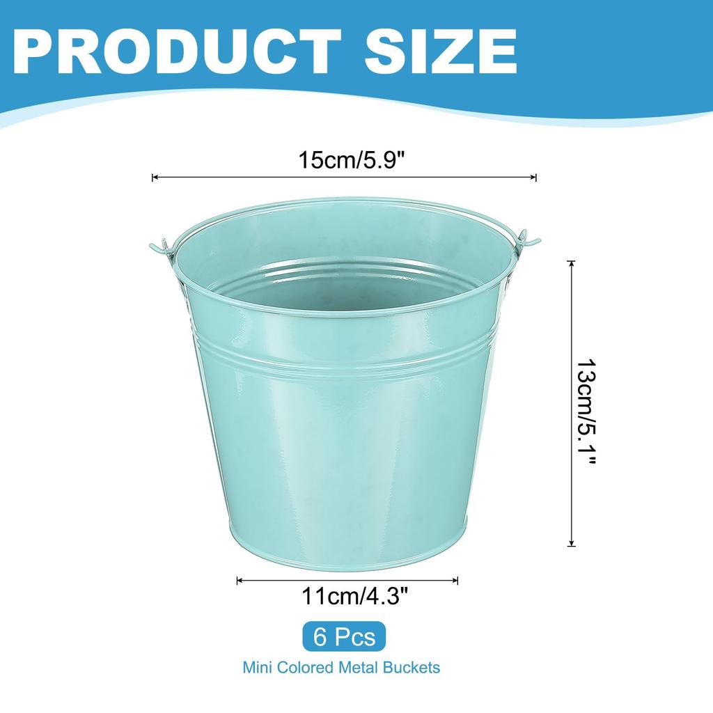 PATIKIL Small Metal Buckets with 6pcs Mini Galvanized Buckets for Craft Party Souvenir Light Blue 5.9"x5.1" Handles, Decoration,