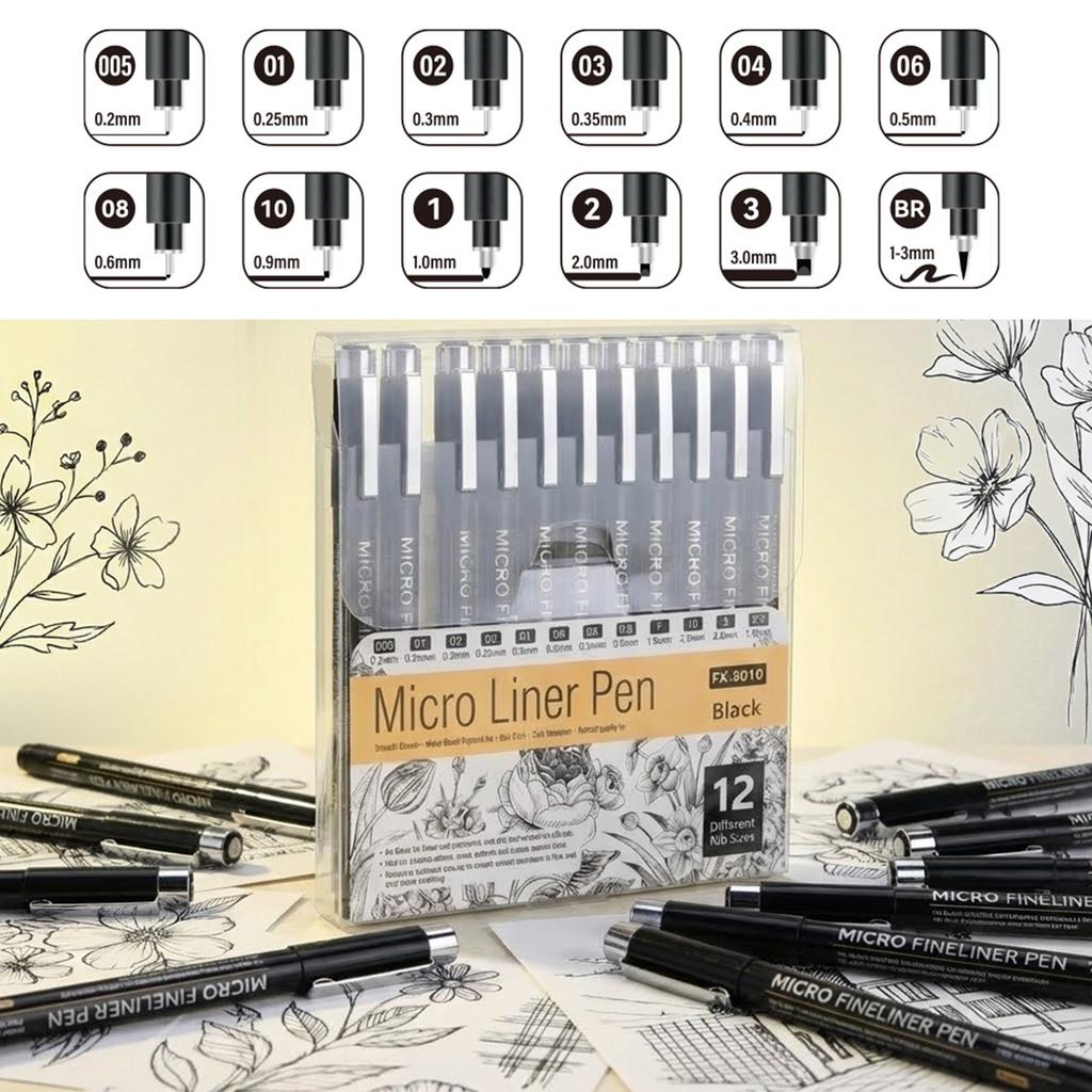 12Pcs Waterproof Fine Liner Pen Artist Sketching Tool For Artists Student Technical Drawing Creative Art Illustrations