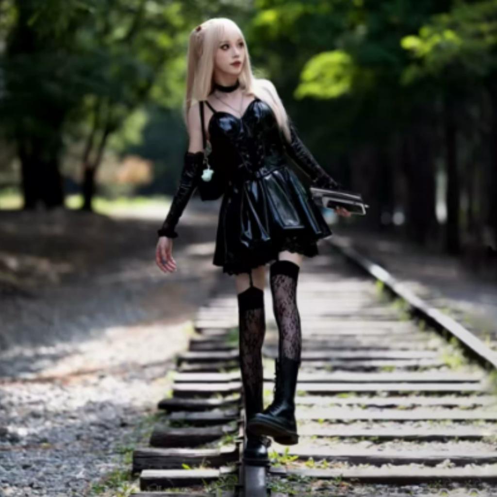 Death Note Cosplay Costume Misa Amane Imitation Leather Sexy Dress  Neck Jewelry Stockings Necklace Uniform Outfit Halloween Wig