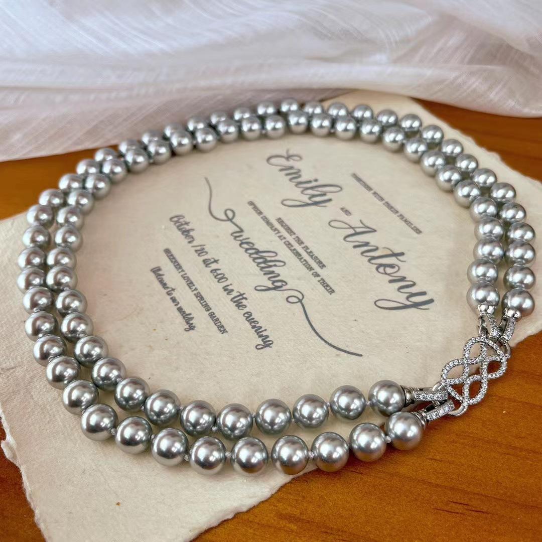 Retro New Double-Layer Multi-Wear Platinum Gray Shijia Crystal Pearl Necklace Can Be Split Sweater Chain