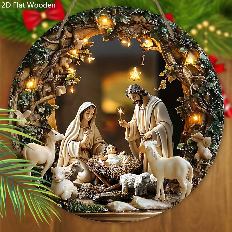 Nativity Scene Wooden Sign, Jesus Chases The Lost Lamb Round Sign for Front Door Wall Hanging Decor, Ideal Christmas Ornament