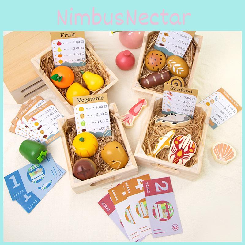 Wooden Simulation Boxed Fruit Bread Sea Food Vegetables Children Toys Set For Kids Imaginative Cooking Fun
