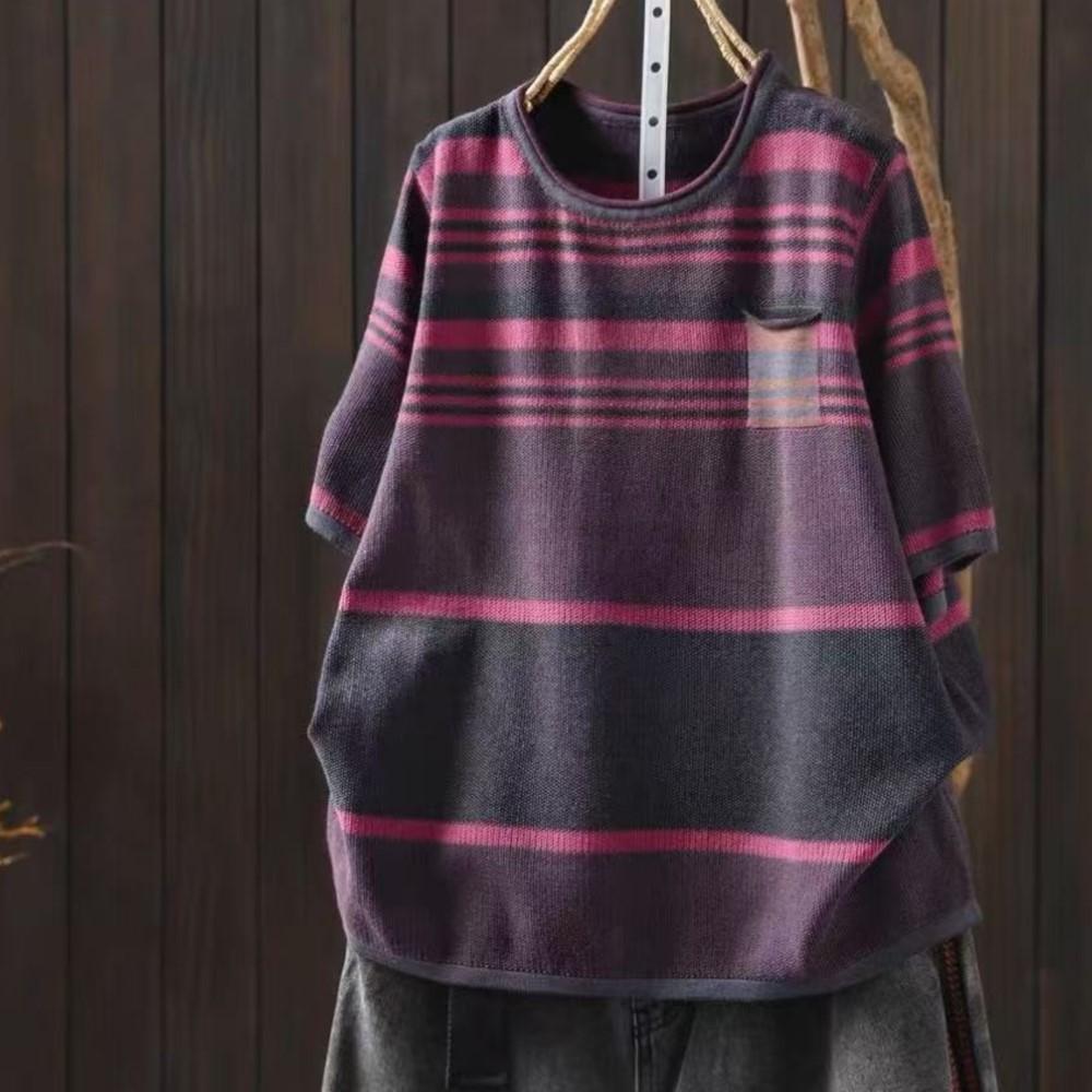 Johnature Women Vintage Striped T-Shirts Summer Chinese Style O-Neck Short Sleeve Knitted Female T-Shirts