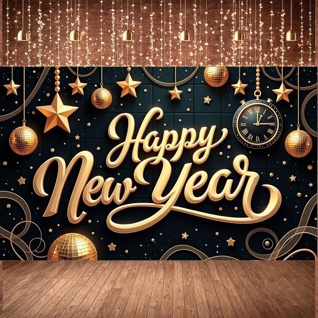 Holiday Celebration Banner Clock Gold Star Banner New Year Backdrop Shiny Design Happy New Year Banner For Office Celebration