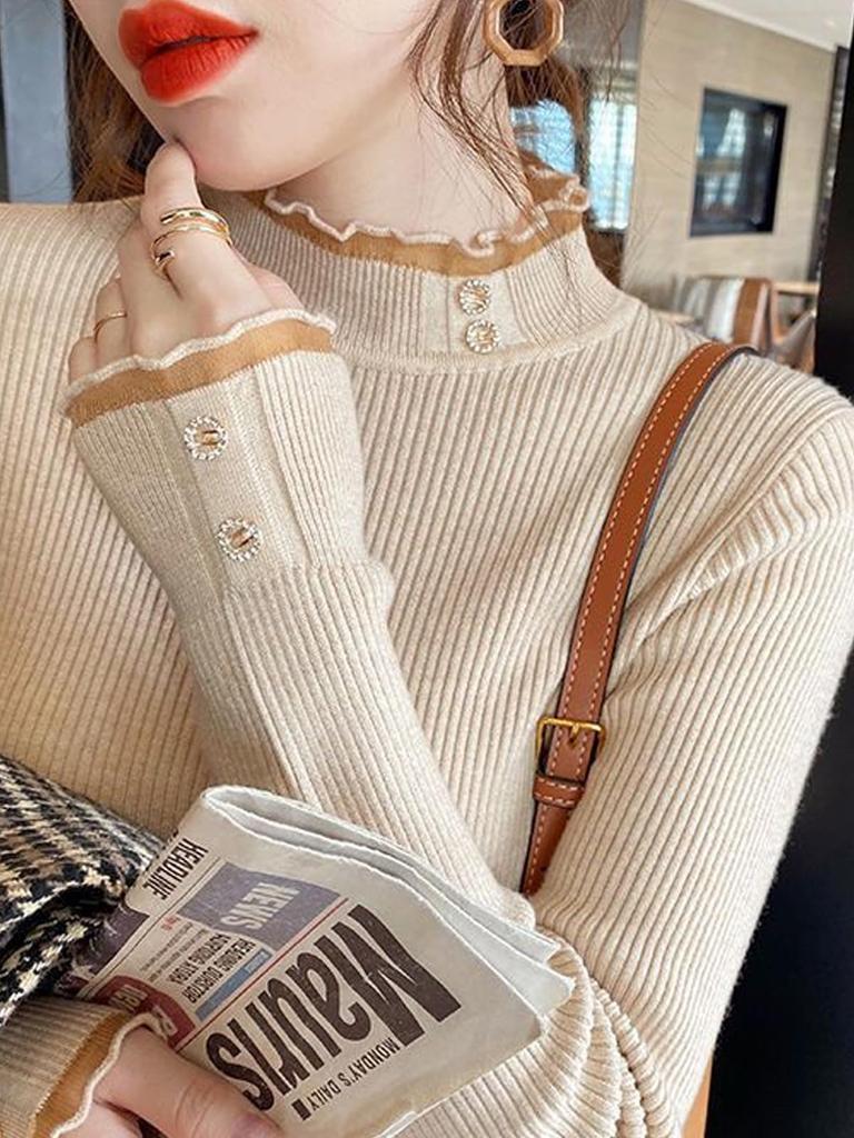 Ruffle Knit High Neck Sweater Tops Stylish Casual Tops Knit Sweater Home Coordination Loose Knit Individuality Emotional Pants Style Harajuku Harajuku