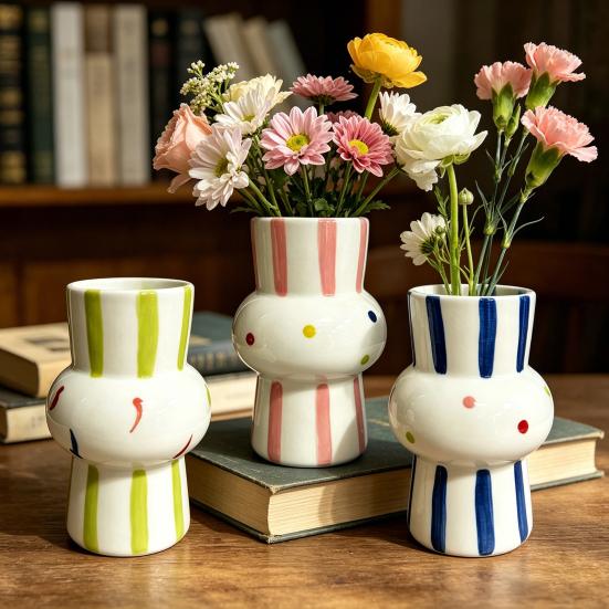 Ceramic Vase Hand Painted Striped Polka Dot Flower Vase Gourd Shape Vase for Fresh And Dried Flowers Home