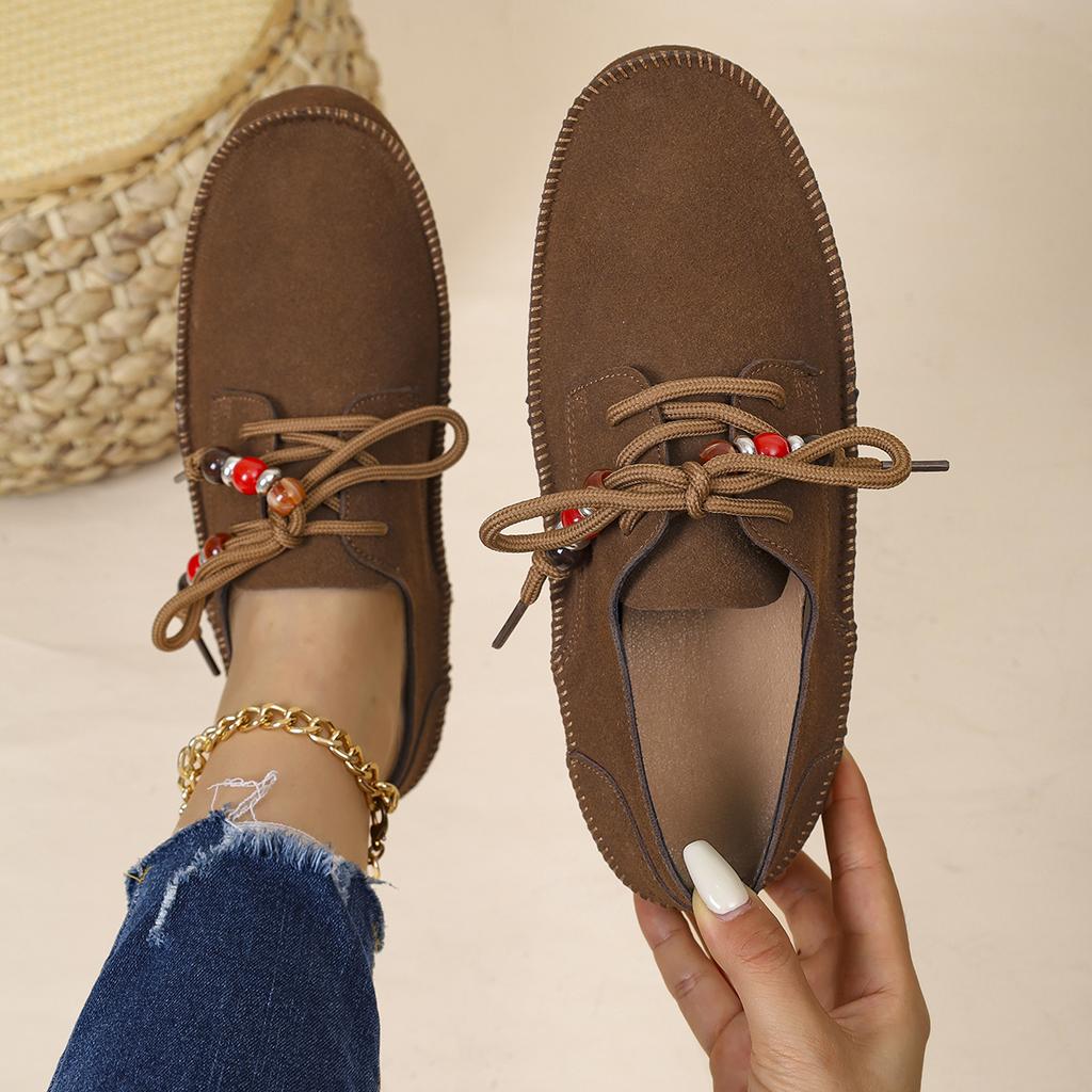 2025 Women Loafers Round Toe Lace-up String Bead Shoes Leisure Spring Autumn Sneakers Woman Retro Style Plus Size Shoes Women