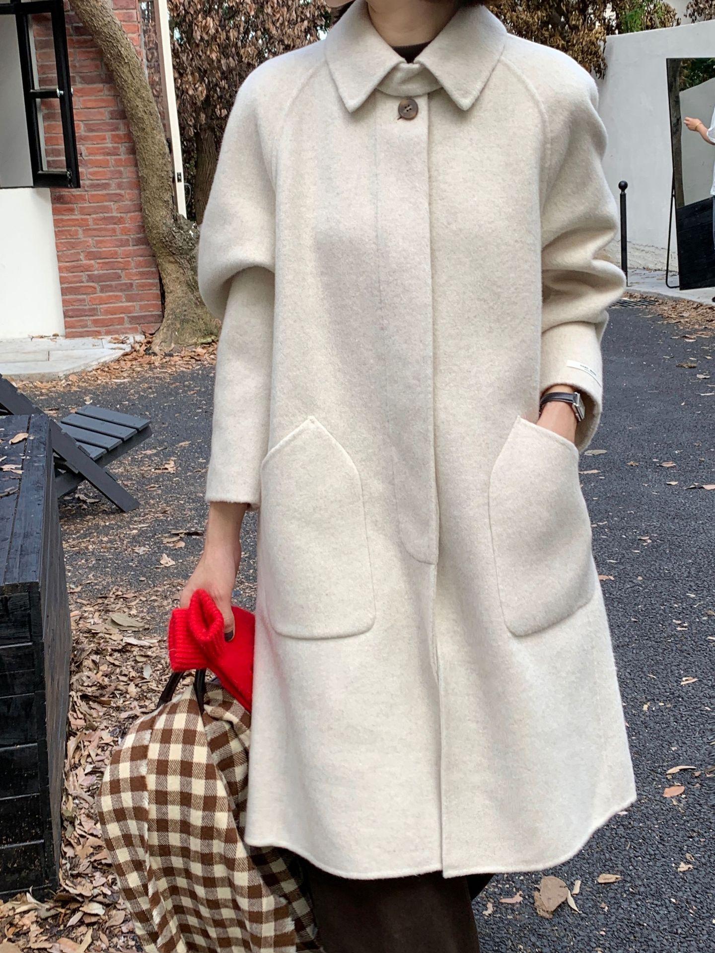 

Осень и зима новый темперамент однотонное свободное длинное кашемировое пальто женское двустороннее ручной работы однотонное пальто M светло-бежевый