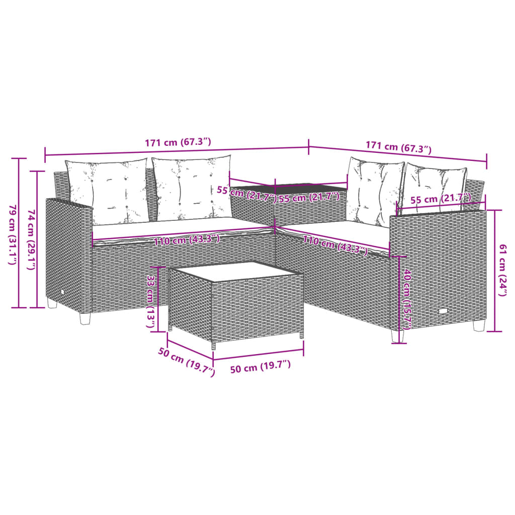 L shaped garden sofa set with table and cushions beige poly rattan