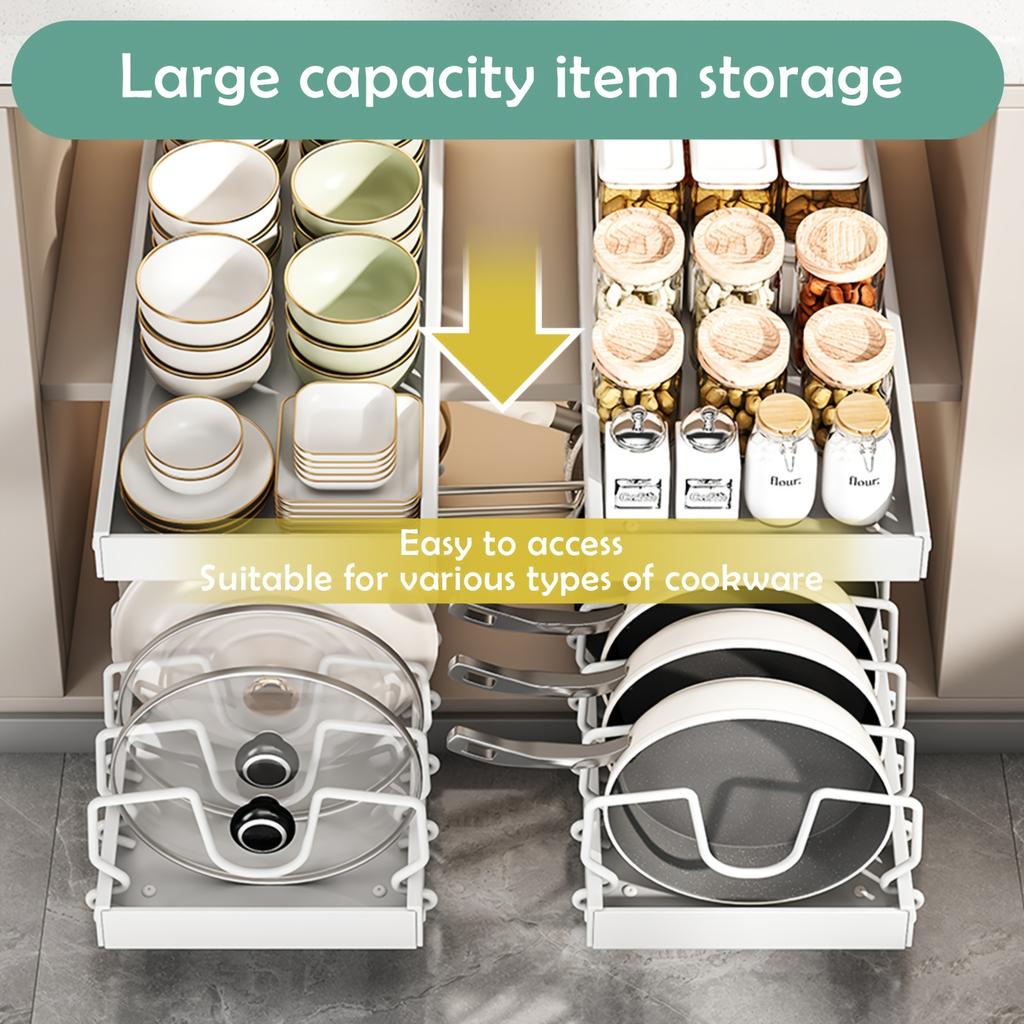 Pull Out Pot Lids Organizer Rack, 2pcs Pots and Pans Organizer for Under Cabinet, Pot Lid Holder with 8 Adjustable Compartment for Kitchen Cabinet