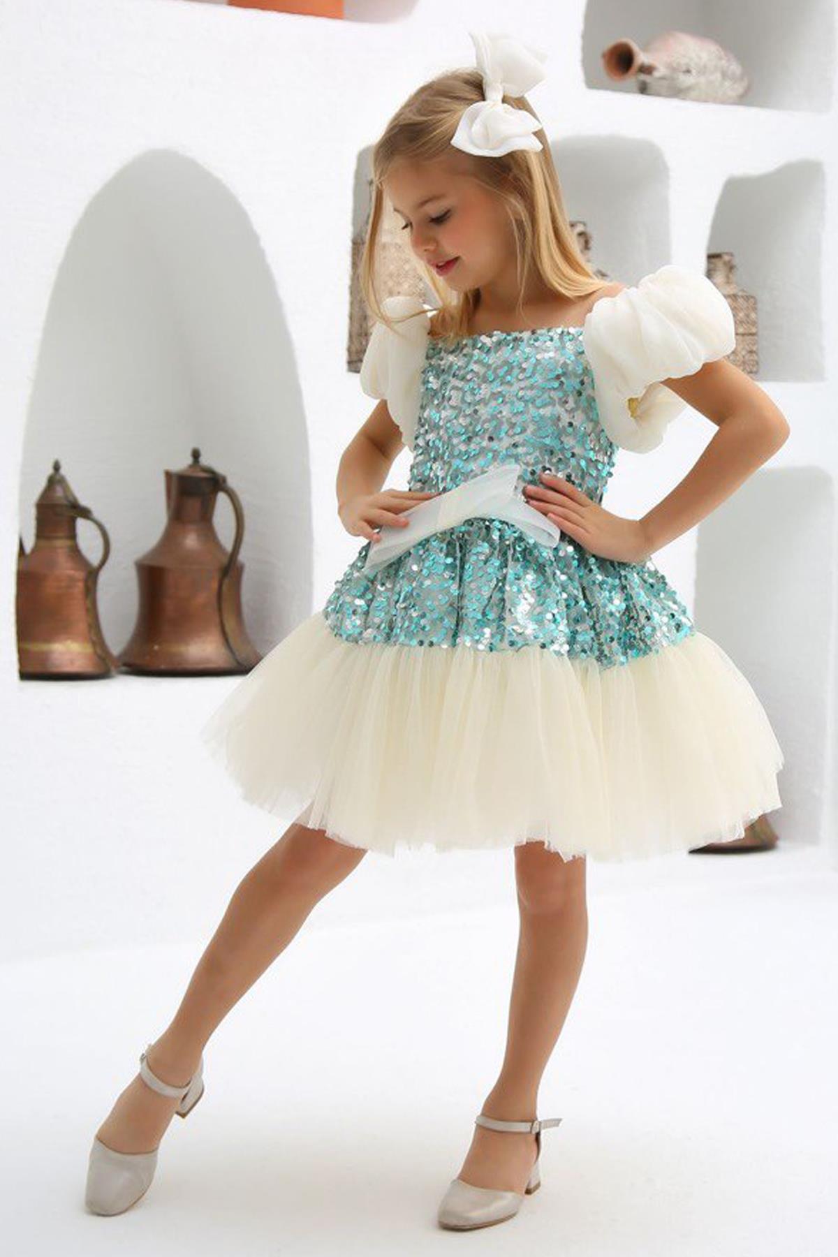 

Girl s Balloon Sleeves Plum Detailed Skirt Fluffy Tulle Green Evening Dress