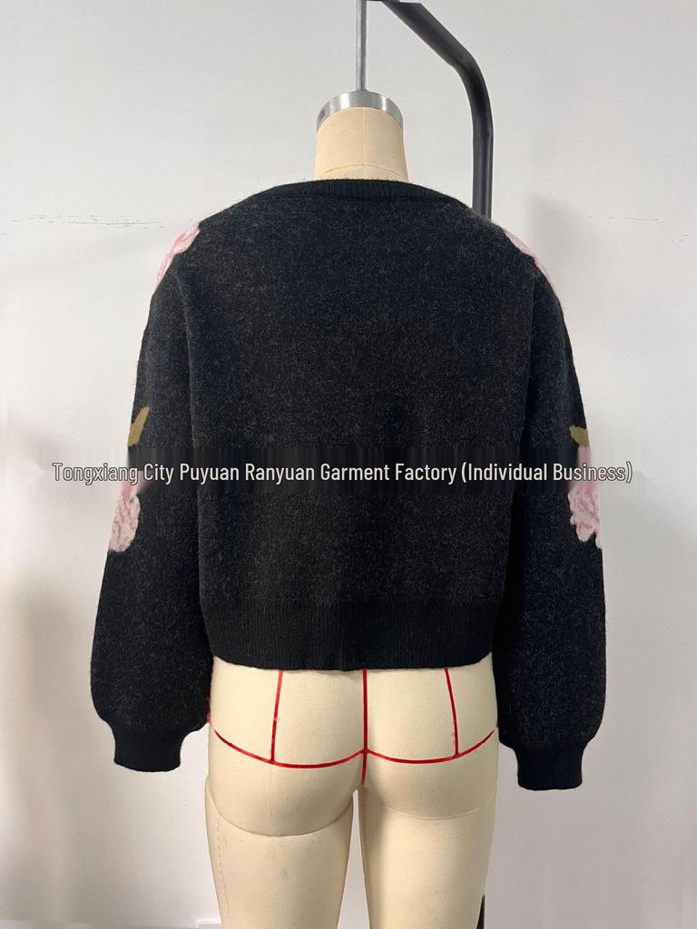 2025 Floral Jacquard Ribbed Cuff Women's Knitwear – Casual Long-Sleeved Sweater