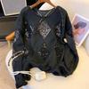 Damen Hohlstrickpullover Pailletten Uni Glitzer Strickbluse Langarm Pullover Blusen Damen Dame Strand Club Outfit