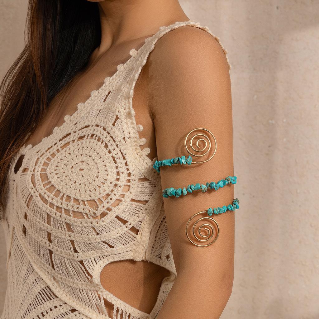 African Tribal Wind Crushed Stone Arm Chain Arm Ring Beaded Spiral Line Bracelet Retro Open Arm Bracelet