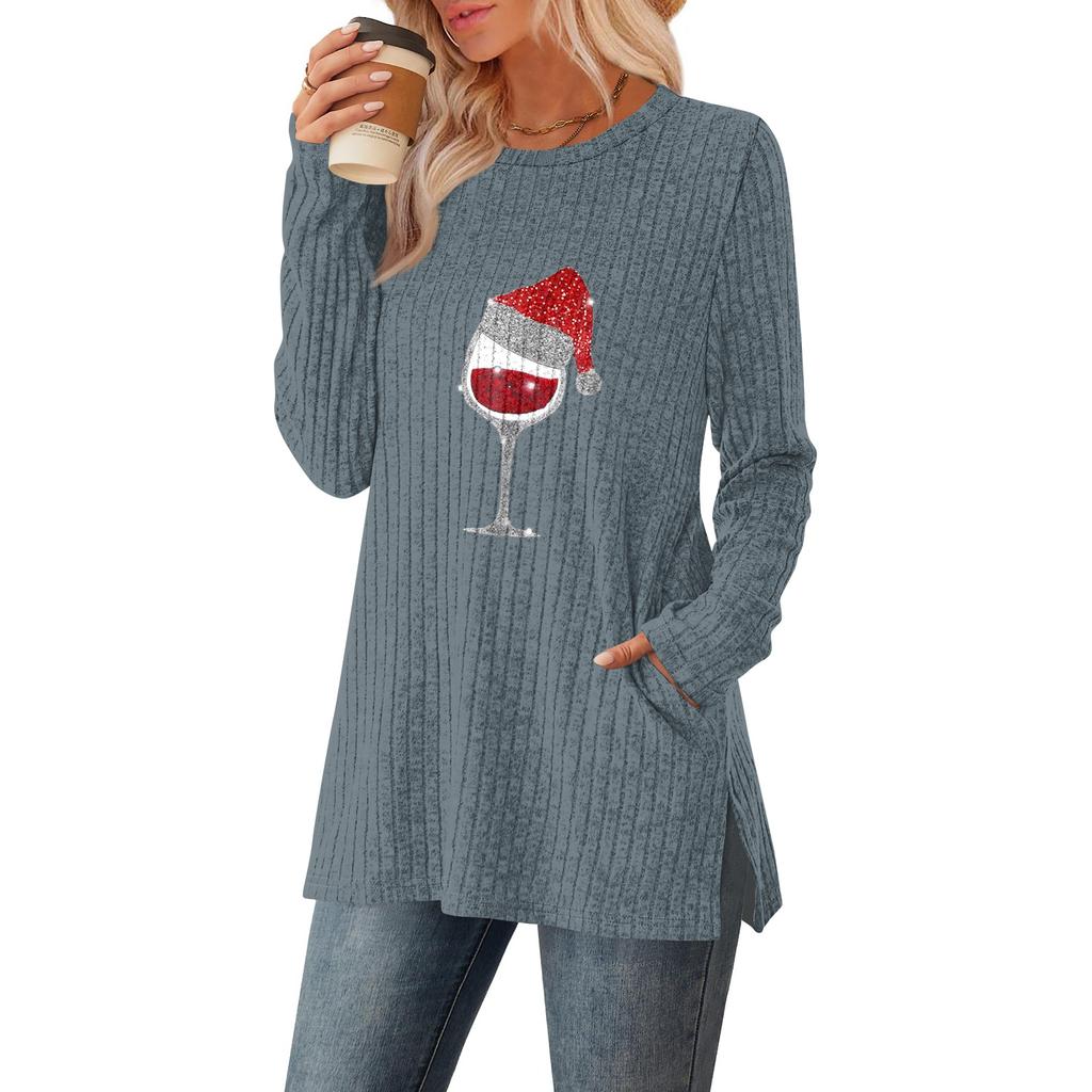 Women's Gradient Printed Round-neck Long-sleeved Top With Pockets And Side Slits