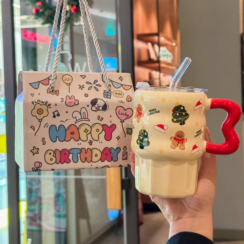Cute Christmas Ceramic Mug with Lid for Girl's Birthday Gift High-value Straw Mug Souvenir