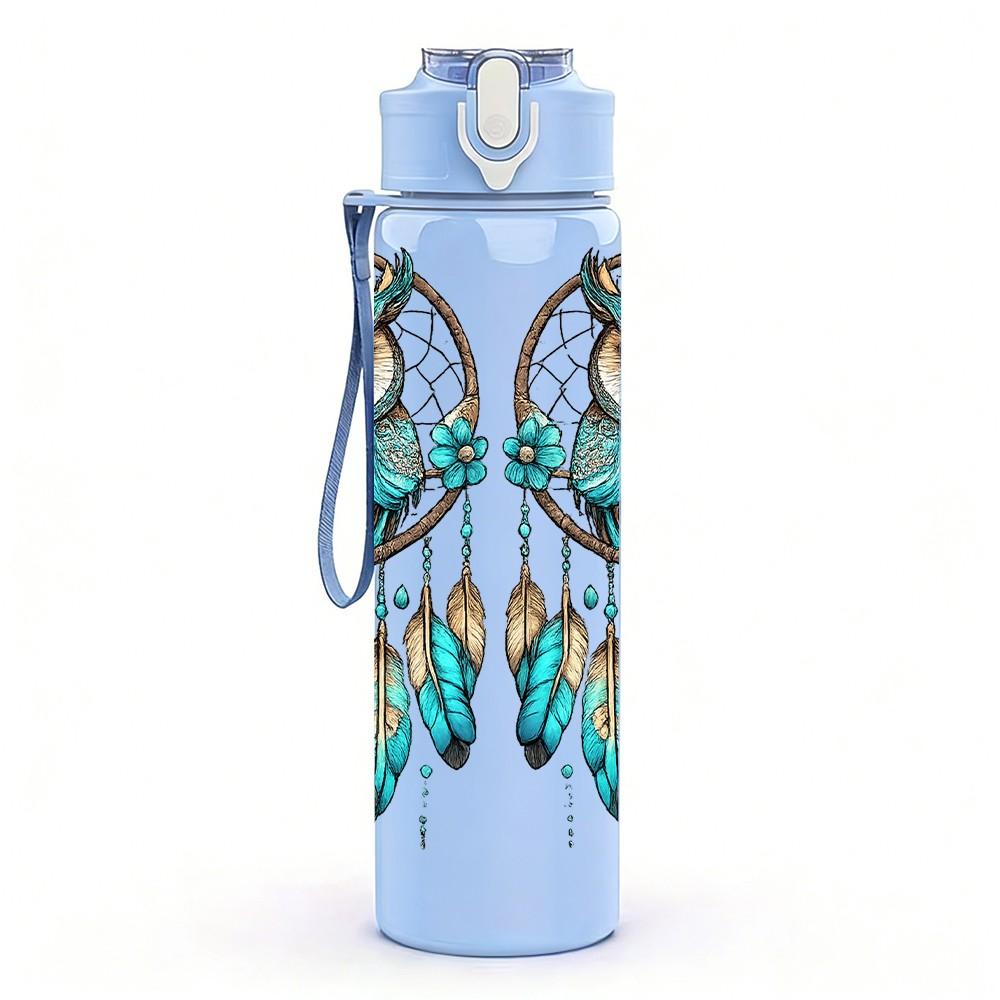 1PC Owl Bohemian Dreamcatcher Print 750ml Color Plastic Sports Water Bottle Leakproof Flip Straw Lid Suitable for Sports Office Home Use