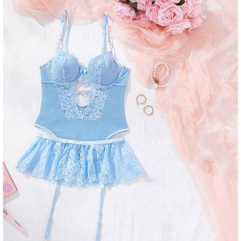 Underwire Bra Lingerie Women's Mesh Steel Ring Bra Lace Garter Belt Thong Sexy Set Erotic Underwear Suits Sissy