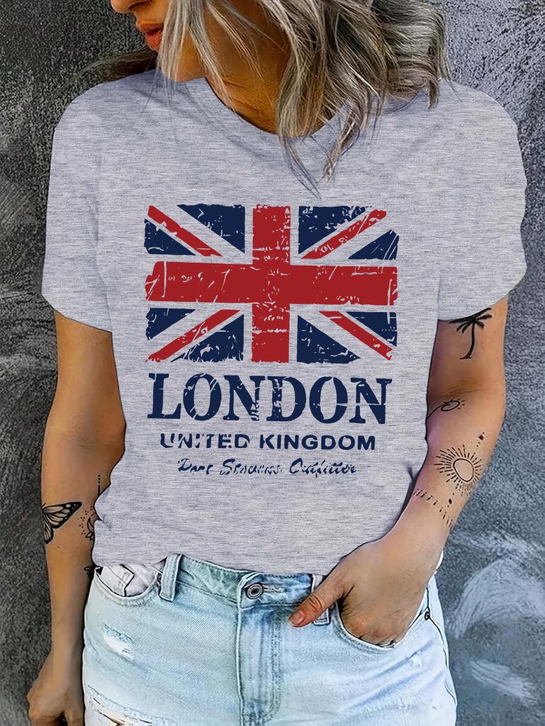 Fashionable City London British Flag T-shirt Graphic Print Short Sleeve Round Neck Summer and Spring Casual Tops Clothing