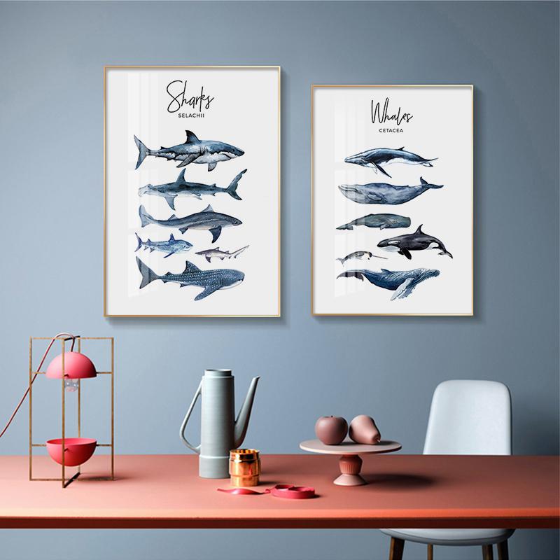 Nordic Animal Canvas Poster Nursery Wall Art Blue Whale Shark Print Painting Nautical Modern Picture for Living Room Home Decor