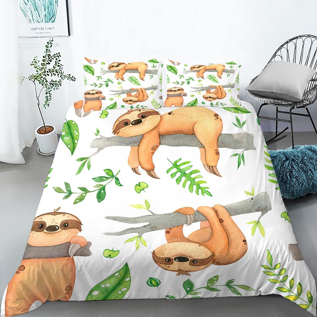 Sloths Tropical Leaves Warm Comforter Cover Set Beding Set for Children Kids Young Boys Young Girls Lovely Animal Soft Duvet Cover Lovely Bedspread