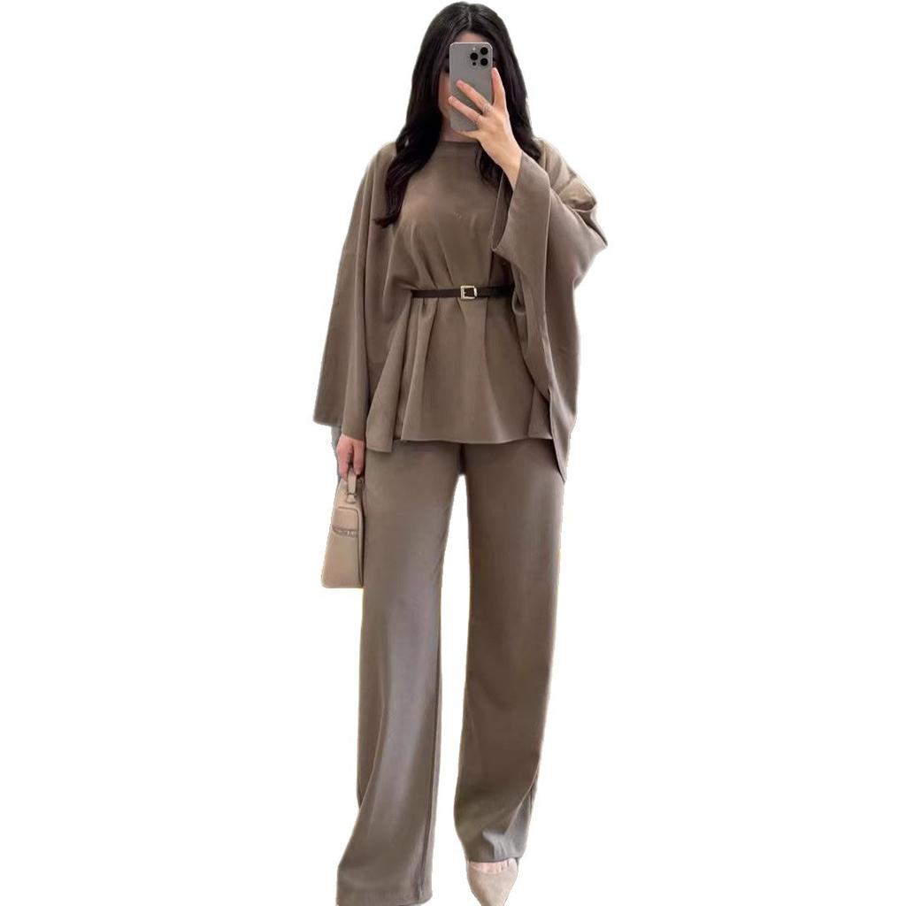 Abbigliamento donna europeo e americano transfrontaliero Amazon sexy scollo rotondo cintura casual manica lunga semplice pantaloni a gamba larga set