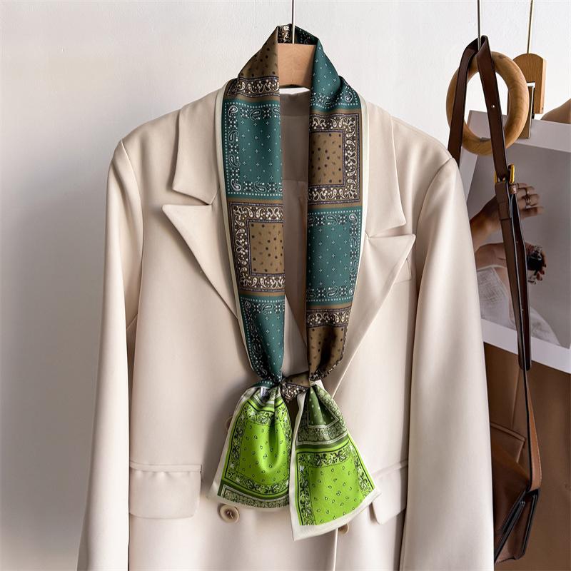 Women Silk Feel Printed Design Scarf Shawl Luxury Long Narrow Small Silk Scarves Ladies Headband Headscarve
