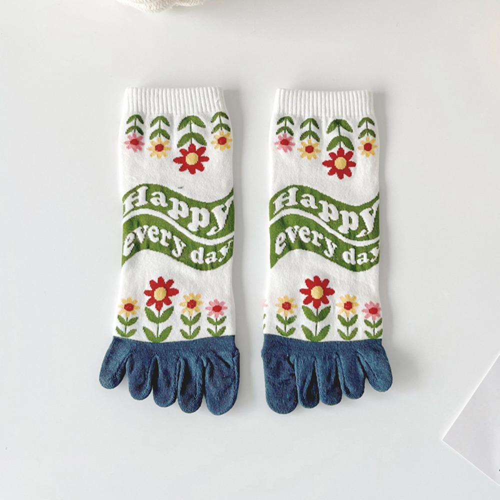 Cute Spring Summer Five Fingers Women Socks Cotton Cartoon Split Toe Socks Non Slip Soft Medium Tube Socks For Yoga Sports One Size