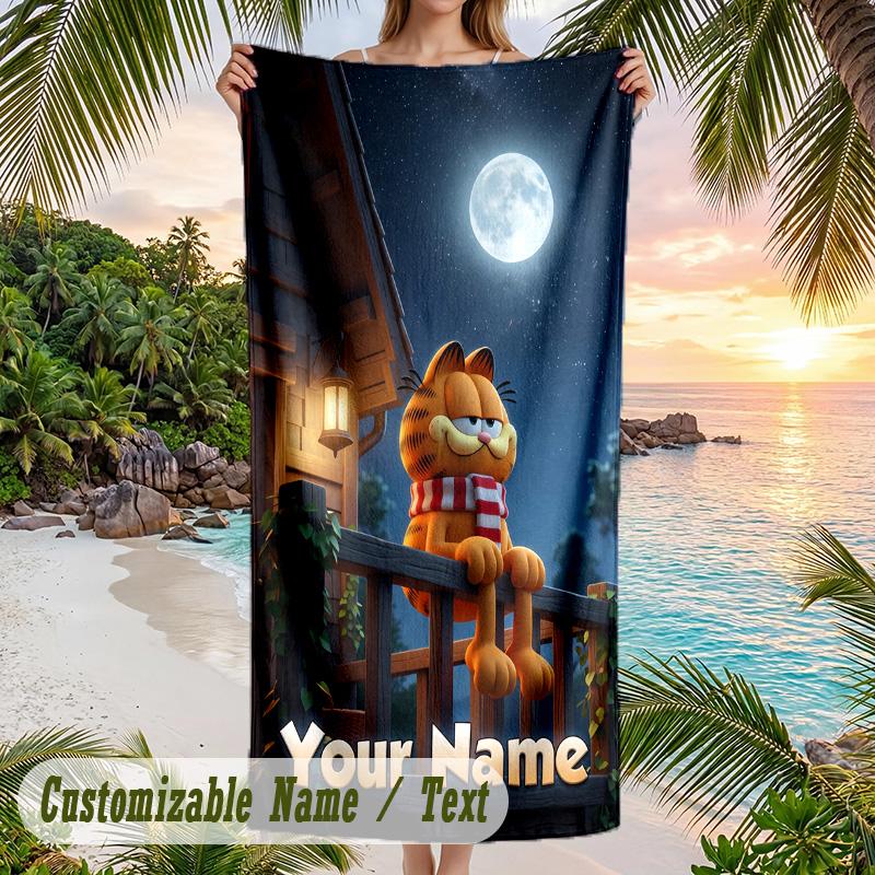 Garfield Beach Towel, Personalized Custom Text, Quick Dry Soft Large Towel For Swimming Pool Travel
