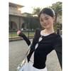 Women's Slimming Lace Long Sleeve Polka Dot T-Shirt - Black & White, Korean Style, Spring Collection