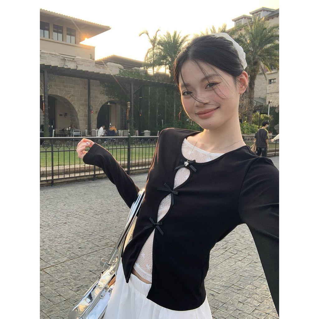 Women's Slimming Lace Long Sleeve Polka Dot T-Shirt - Black & White, Korean Style, Spring Collection