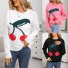 Womens Cherry Print Knit Sweater Loose Fit Round Neck Long Sleeve Winter Casual Top