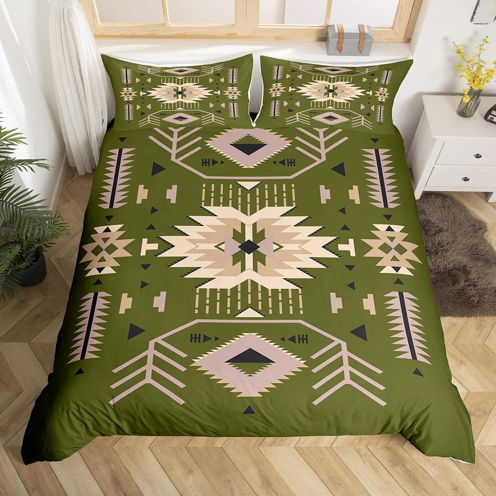 Geometric Aztec Duvet Cover Twin Queen Size,Horseshoe Cactus Western Cowboy Bedding Set,Southwest Rustic Farmhouse Quilt Cover
