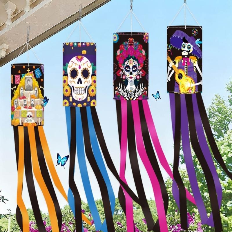 Polyester Skull Windsock Halloween Hanging Decoration with Long Ribbons for Fence Porch, Yard, Garden, or Halloween Party Entry