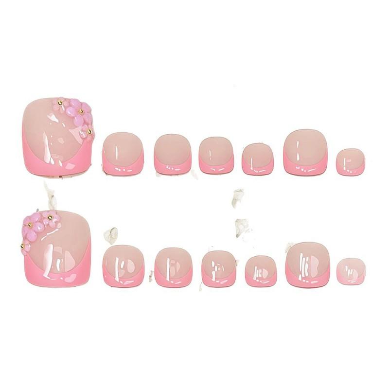 Handmade Press-On Toe Nails Short Style Nude Pink French With 3D Floral Design Sweet Ins Aesthetic Women