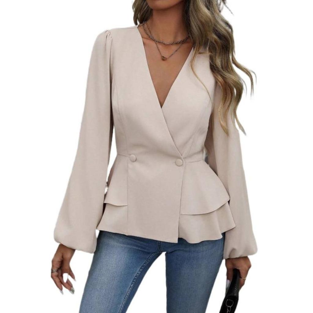 Damen einfarbiges doppelreihiges langärmliges Oberteil mit elegantem V-Ausschnitt und plissiertem Design, geeignet für Dates und Arbeit, kombiniert
