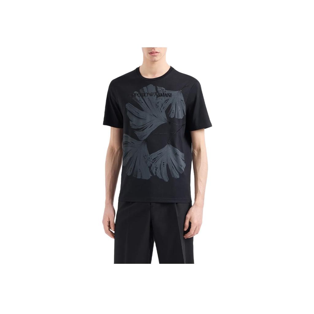 Emporio Armani SS24 Logo Plant Pattern Printed Crew Neck Casual Short Sleeve T-Shirt Men tops Black 3D1T6U-1J7FZ-10069
