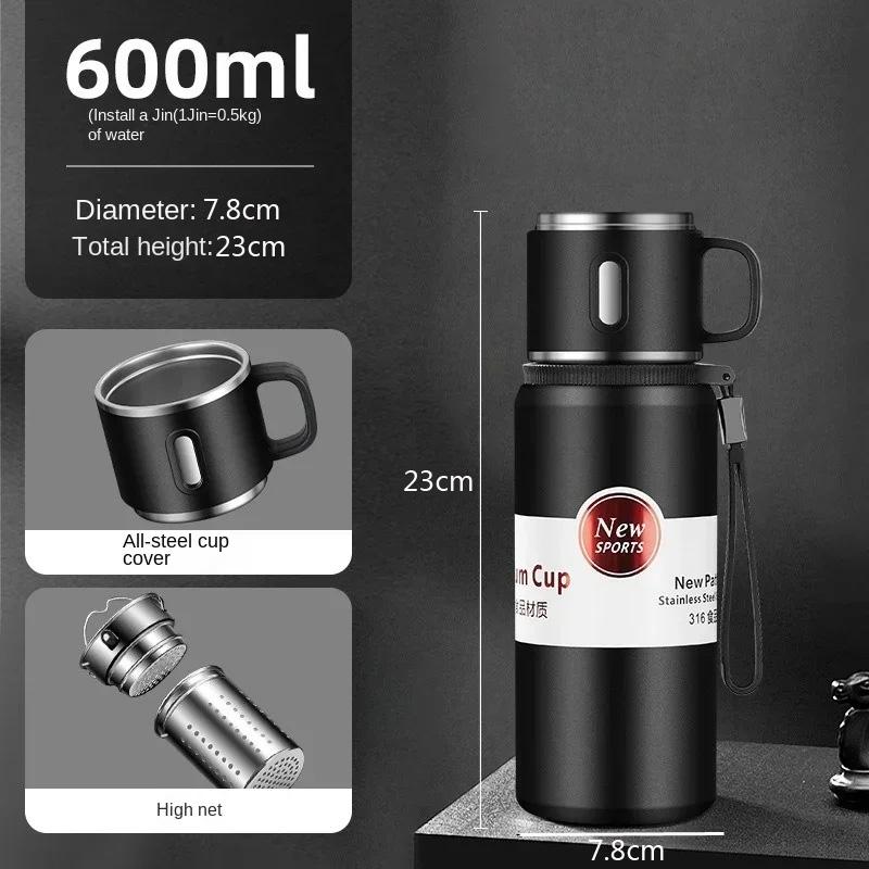 

600ml Thermos Vacuum Cup Men s and Women s Portable 316 Stainless Steel Tea Cup Student School Kettle Large Size Water Cup 600ML чорний
