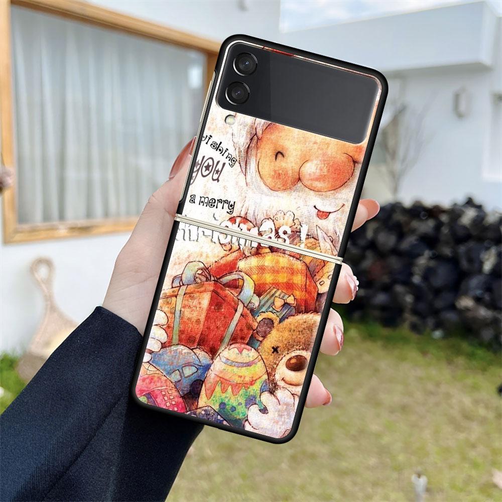 Luxury Case For Samsung Galaxy Z Flip 4 3 5G Black PC Hard Phone Cases Fashion Back Cover ZFlip Funda Merry Christmas Shell Capa