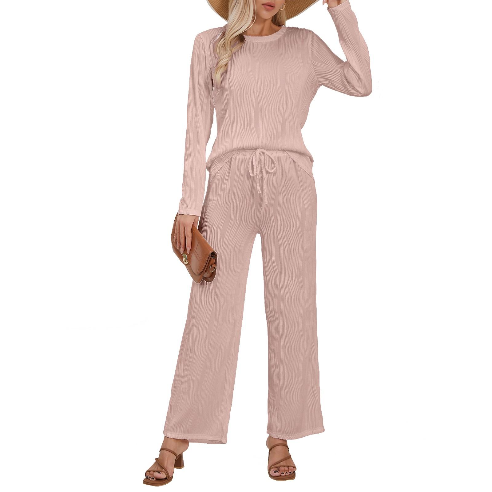 

Женские осенние комплекты из двух частей, топы с длинным рукавом, футболки, длинный удобный повседневный свободный костюм M розовый