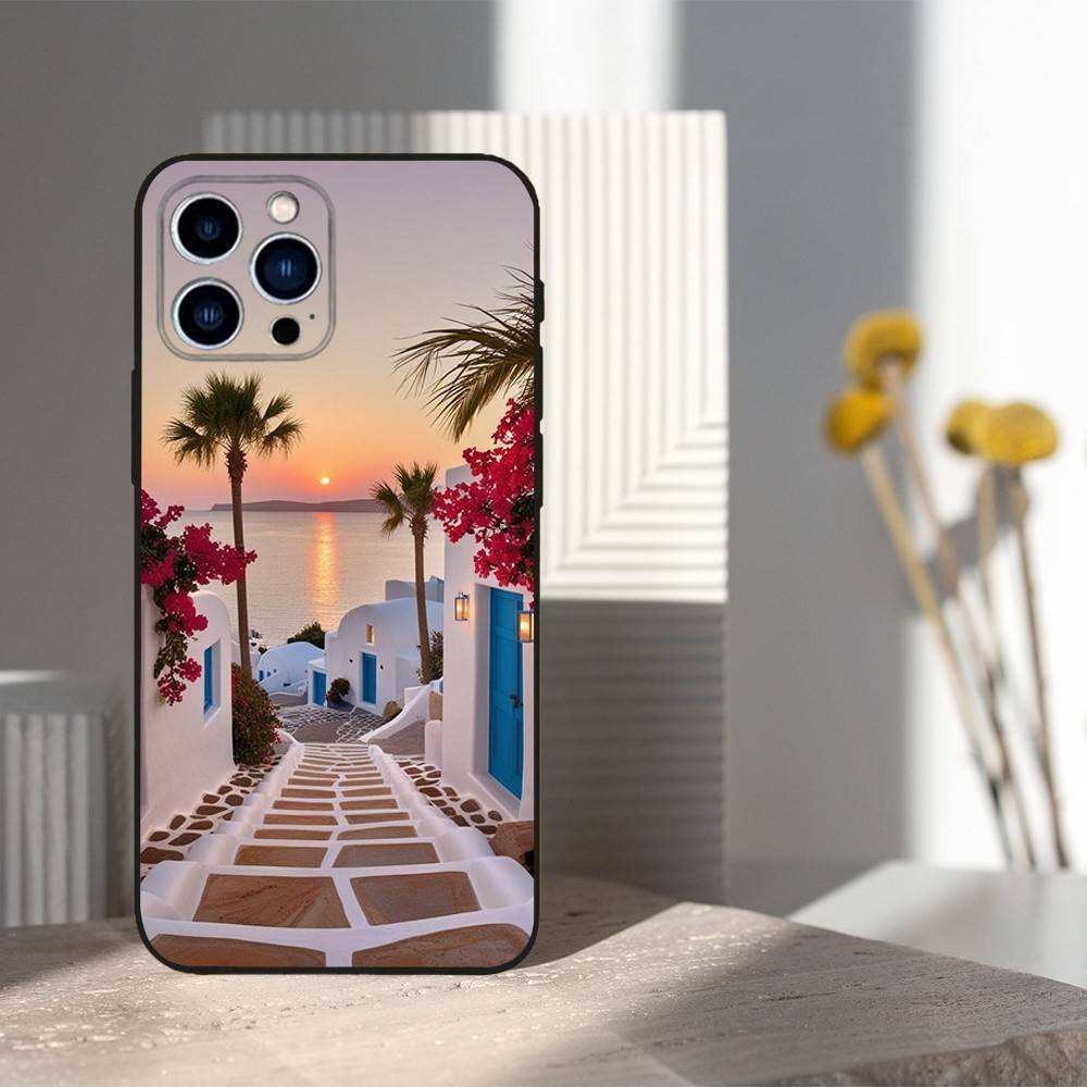 Painted Art House Scenery Case For iPhone 15,16,12,14,17,13,11,Plus,Pro Max,8,7,XR,SE,XS,X,Mini,Soft Silicone Black