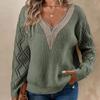 Women's V Neck Long Sleeve Lace Trim Diamond Knit Loose Fit Commuter Sweater