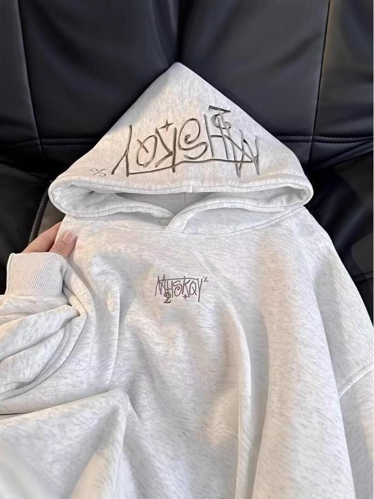 Men's American Style Gradient Letter Embroidery Fleece-Lined Hooded Sweatshirt, Autumn Loose Fit Versatile Casual Hoodie
