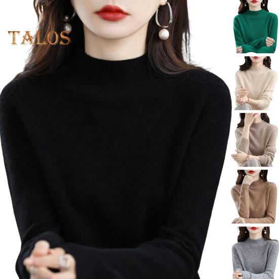 Genser for kvinner Langermet Genser med middels krage Myk Stretchy Ensfarge Strikket topp med bunnlag for daglig bruk