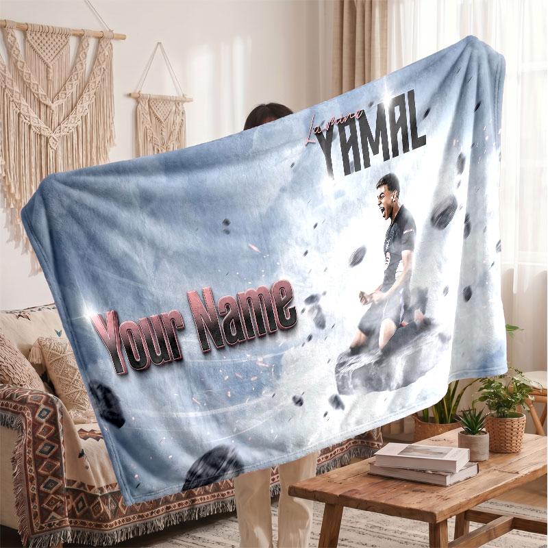 Coperta in pile personalizzata Lamine Yamal con logo del calcio, testo con nome personalizzato, morbida, calda, coperta da divano per la casa