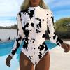 Women Long Sleeve One Piece Swimsuit Zip Front  Ink Stain Print Rash Guard Surfing Bathing Suit