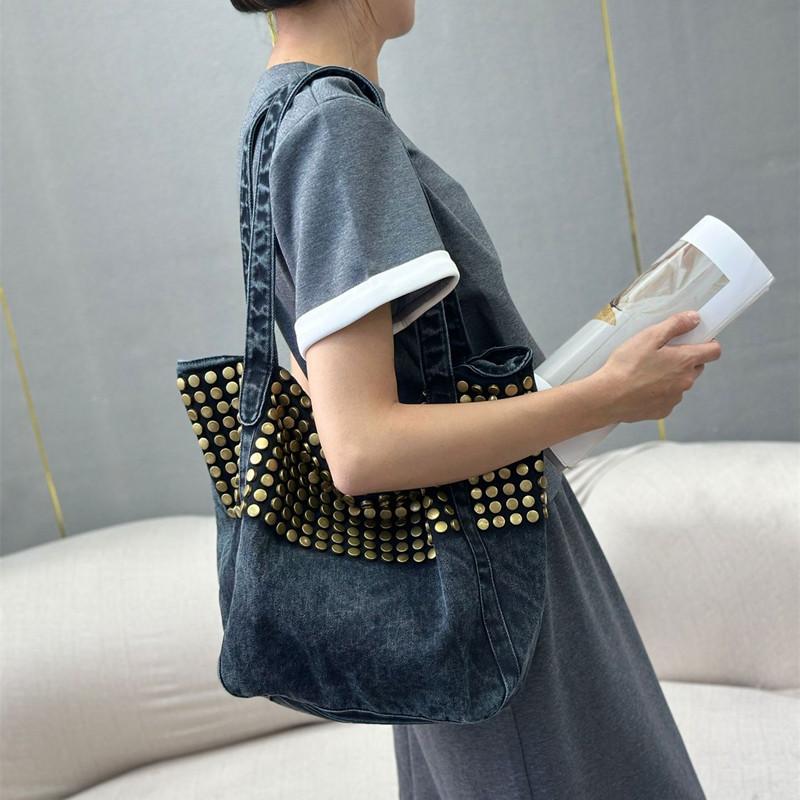 2025 Luxury Women Handmade Rivets Denim Punk Handbags Fashion Large Capacity Tote Bags New Brand Casual Hand-held Shoulder Bag